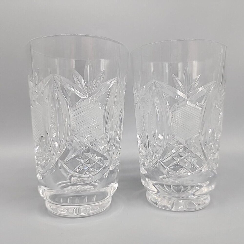 Set 2 Cut Crystal Tumbler Old Fashioned Glass Whirling Star Fan Cane 4.5"